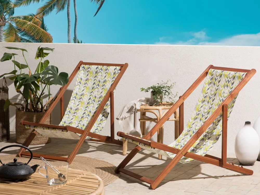 New Beliani Aurinkotuoli Tumma Akaasia Vaihtokankaat Luonnonvalkoinen/Keltaharmaa Siksak 2 Kpl Anzio