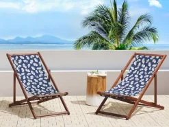 Ulkokalusteet<Beliani Aurinkotuoli Tumma Akaasia Vaihtokankaat Luonnonvalkoinen/Laivastonsininen Kukat 2 Kpl Anzio