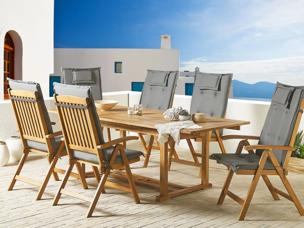 Ulkokalusteet<Beliani 6-Istuttava Akaasiapuinen Ulkoruokailuryhma Harmailla Pehmusteilla Java