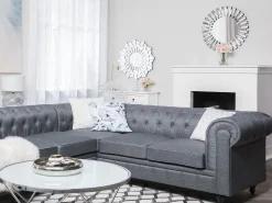 Sohvat<Beliani 6-Istuttava Kulmasohva Kangas Vasenk. Vaaleanharmaa Chesterfield