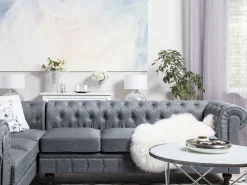 Flash Sale Beliani 6-Istuttava Kulmasohva Kangas Oikeak. Vaaleanharmaa Chesterfield