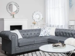 Flash Sale Beliani 6-Istuttava Kulmasohva Kangas Oikeak. Vaaleanharmaa Chesterfield