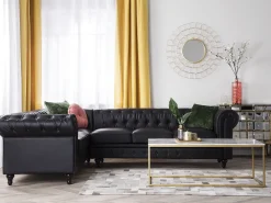 Store Beliani 6-Istuttava Kulmasohva Keinonahka Oikeak. Musta Chesterfield