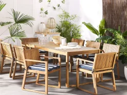 Discount Beliani 8-Istuttava Puutarhapoytasetti Sini-Valkoraidallisilla Pehmusteilla Sassari