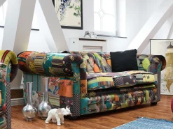 New Beliani 3-Istuttava Sohva Kangas Tilkkukuvio Vihrea/Keltainen Chesterfield