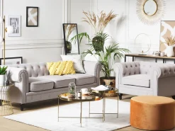 Sale Beliani 3-Istuttava Sohva Kangas Vaaleanharmaa Chesterfield