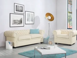 Store Beliani 4-Istuttava Sohvaryhma Nahka Kermanvalkoinen Chesterfield