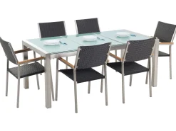 Ulkokalusteet<Beliani 6-Istuttava Ulkoruokailuryhma 3-Osainen Lasitaso Polyrottinkituolit Musta Grosseto