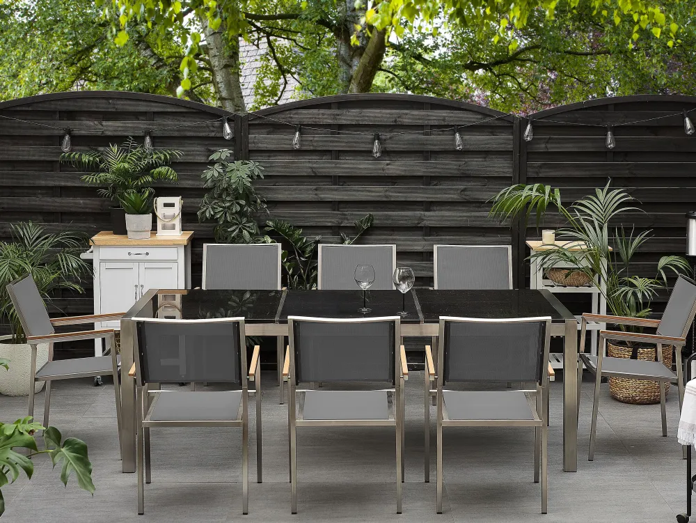 Best Sale Beliani 8-Istuttava Ulkoruokailuryhma 3-Osainen Graniittitaso Tekstiilituolit Musta/Harmaa Grosseto