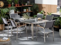 Ulkokalusteet<Beliani 6-Istuttava Ulkoruokailuryhma 3-Osainen Graniittitaso Ja Tekstiilituolit Harmaa Grosseto