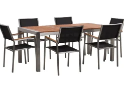 Online Beliani 6-Istuttava Ulkoruokailuryhma Eukalyptuspuutaso Tekstiilituolit Musta Grosseto