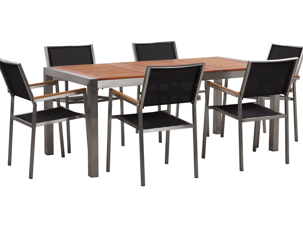 Online Beliani 6-Istuttava Ulkoruokailuryhma Eukalyptuspuutaso Tekstiilituolit Musta Grosseto