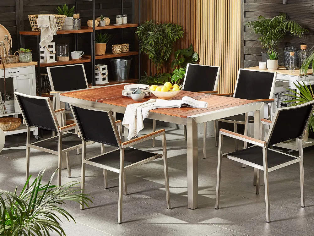 Online Beliani 6-Istuttava Ulkoruokailuryhma Eukalyptuspuutaso Tekstiilituolit Musta Grosseto