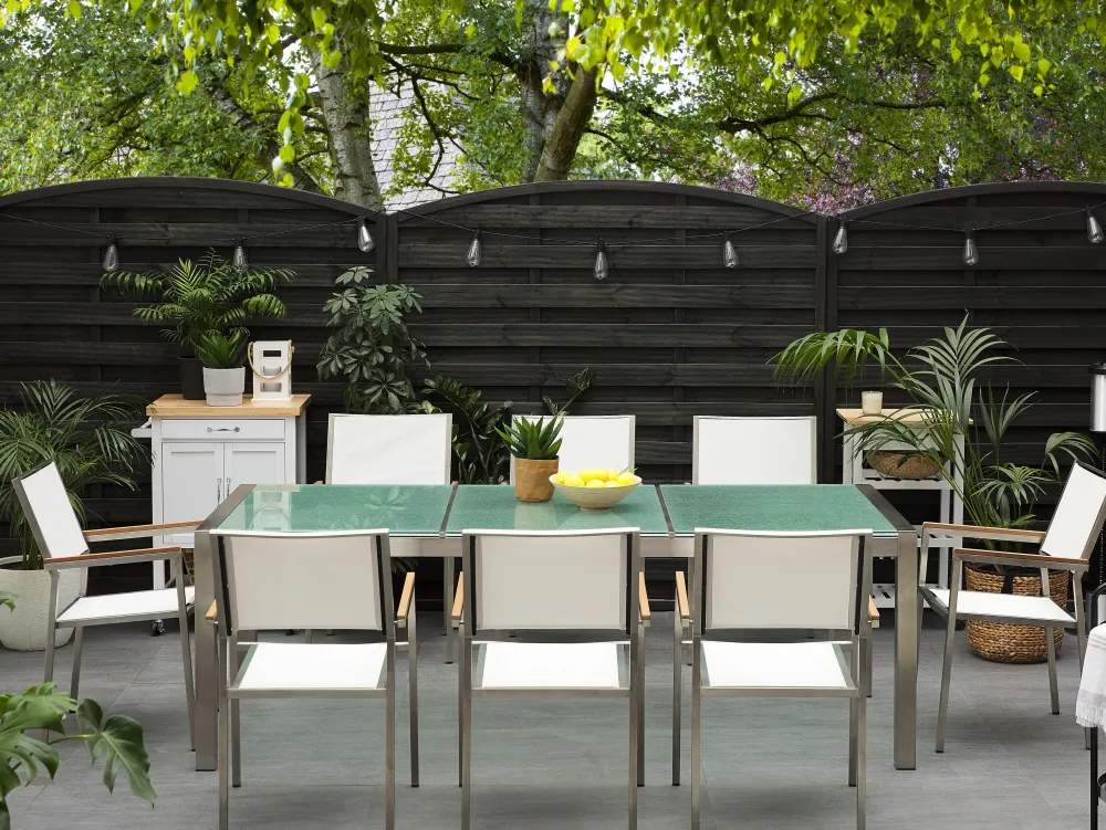 Cheap Beliani 8-Istuttava Ulkoruokailuryhma 3-Osainen Lasitaso Tekstiilituolit Valkoinen Grosseto