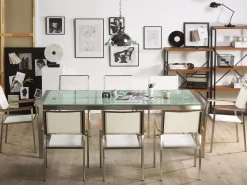 Cheap Beliani 8-Istuttava Ulkoruokailuryhma 3-Osainen Lasitaso Tekstiilituolit Valkoinen Grosseto