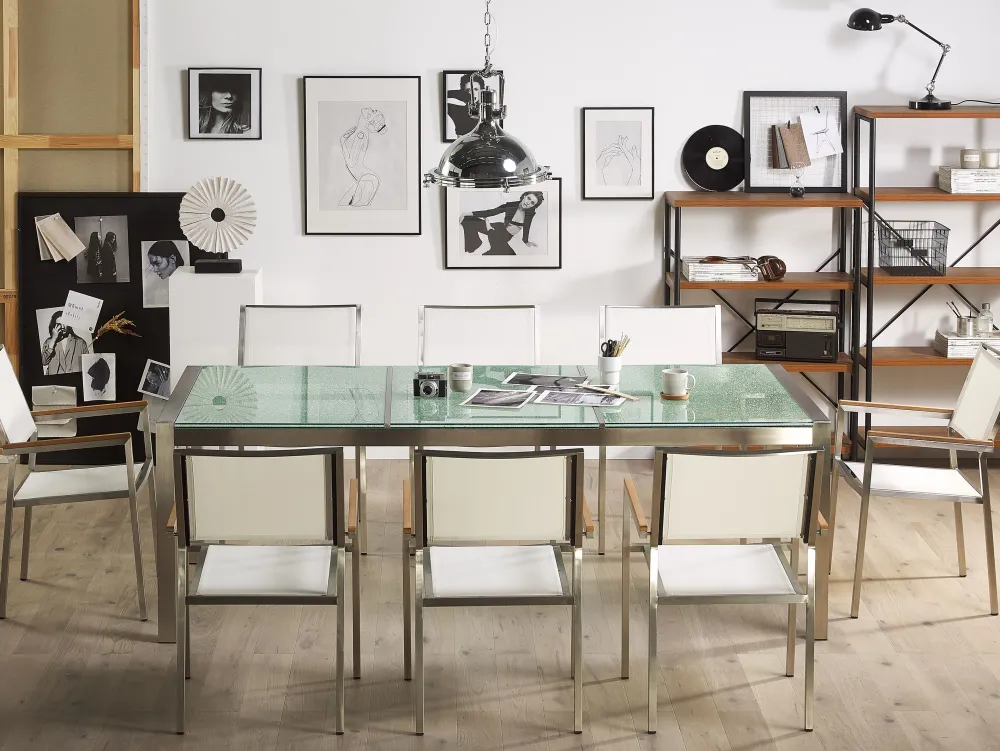 Cheap Beliani 8-Istuttava Ulkoruokailuryhma 3-Osainen Lasitaso Tekstiilituolit Valkoinen Grosseto