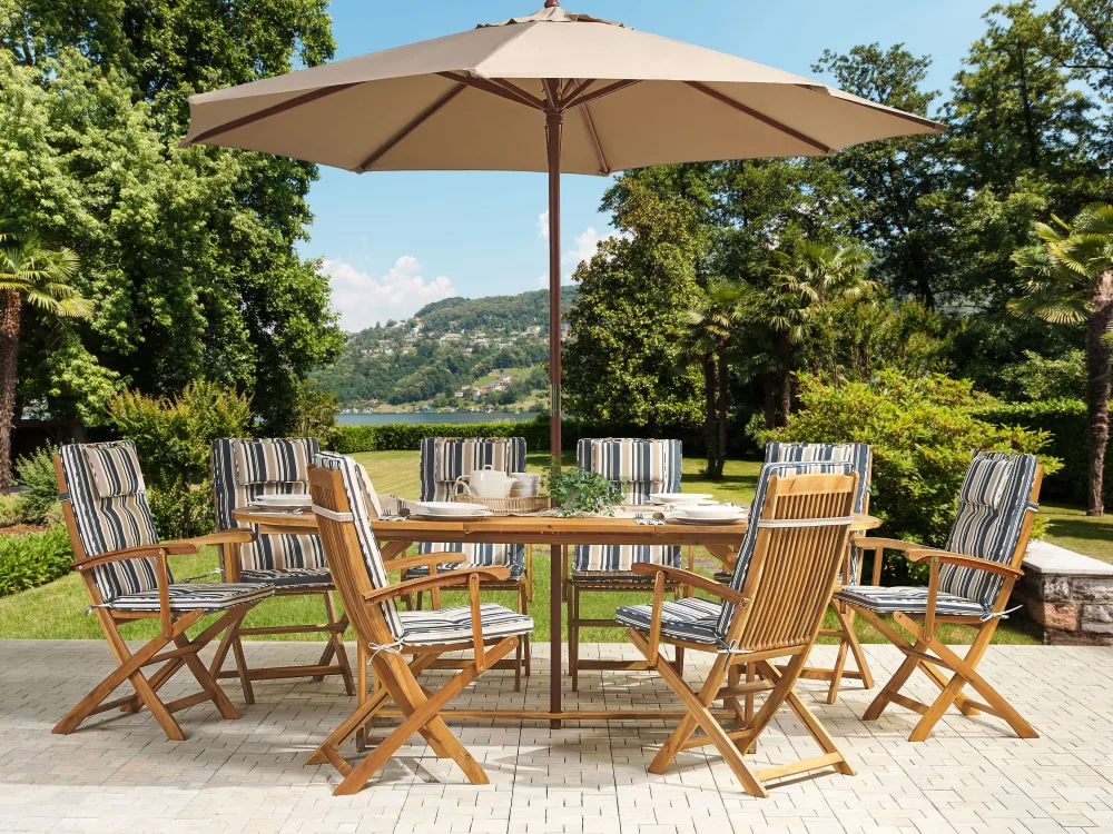 Cheap Beliani 8-Istuttava Ulkoruokailuryhma Aurinkovarjolla Akasiapuu Beige/Sininen Maui