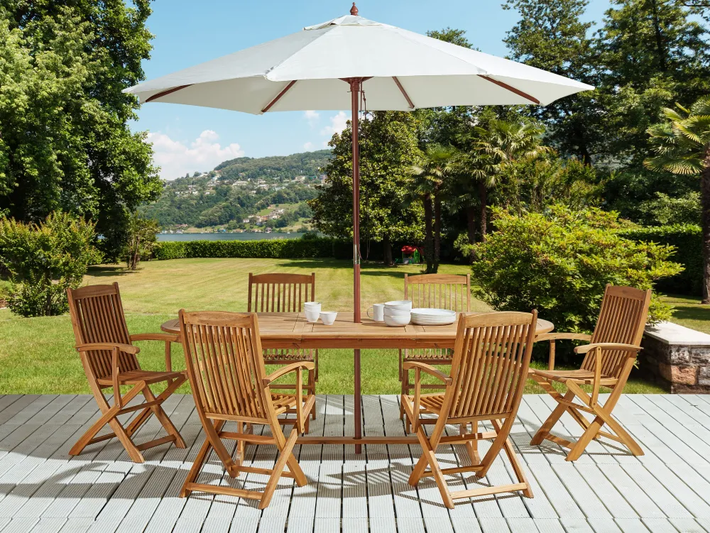 Outlet Beliani 6-Istuttava Ulkoruokailuryhma Aurinkovarjolla Vaalea Akasiapuu Maui