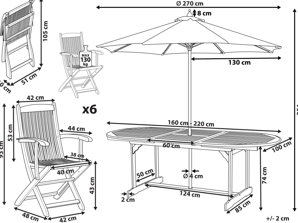 Outlet Beliani 6-Istuttava Ulkoruokailuryhma Aurinkovarjolla Vaalea Akasiapuu Maui