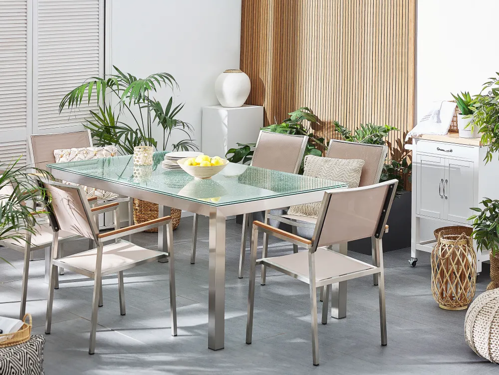 Best Sale Beliani 6-Istuttava Ulkoruokailuryhma Lasitaso Tekstiilituolit Beige Grosseto