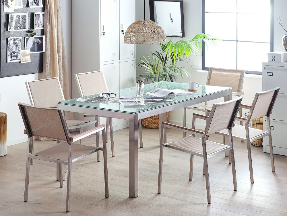 Best Sale Beliani 6-Istuttava Ulkoruokailuryhma Lasitaso Tekstiilituolit Beige Grosseto