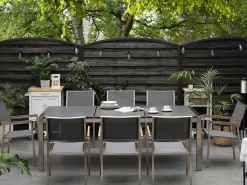 Ulkokalusteet<Beliani 8-Istuttava Ulkoruokailuryhma Poltettu Graniittitaso Tekstiilituolit Musta/Harmaa Grosseto