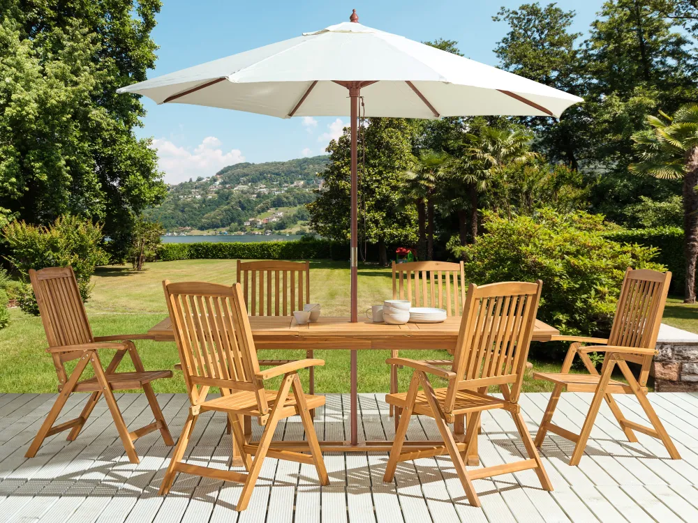 Fashion Beliani 6-Istuttava Ulkoruokailuryhma Aurinkovarjolla Vaalea Akasiapuu Java