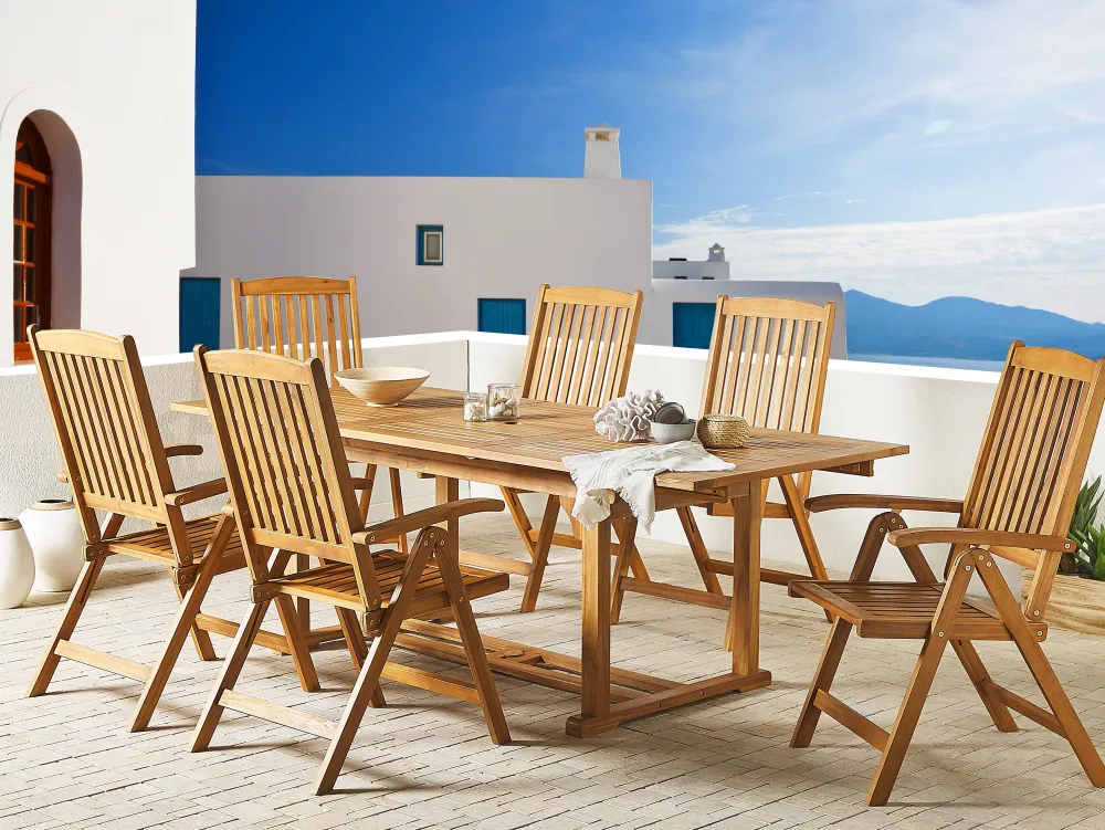 Fashion Beliani 6-Istuttava Ulkoruokailuryhma Aurinkovarjolla Vaalea Akasiapuu Java