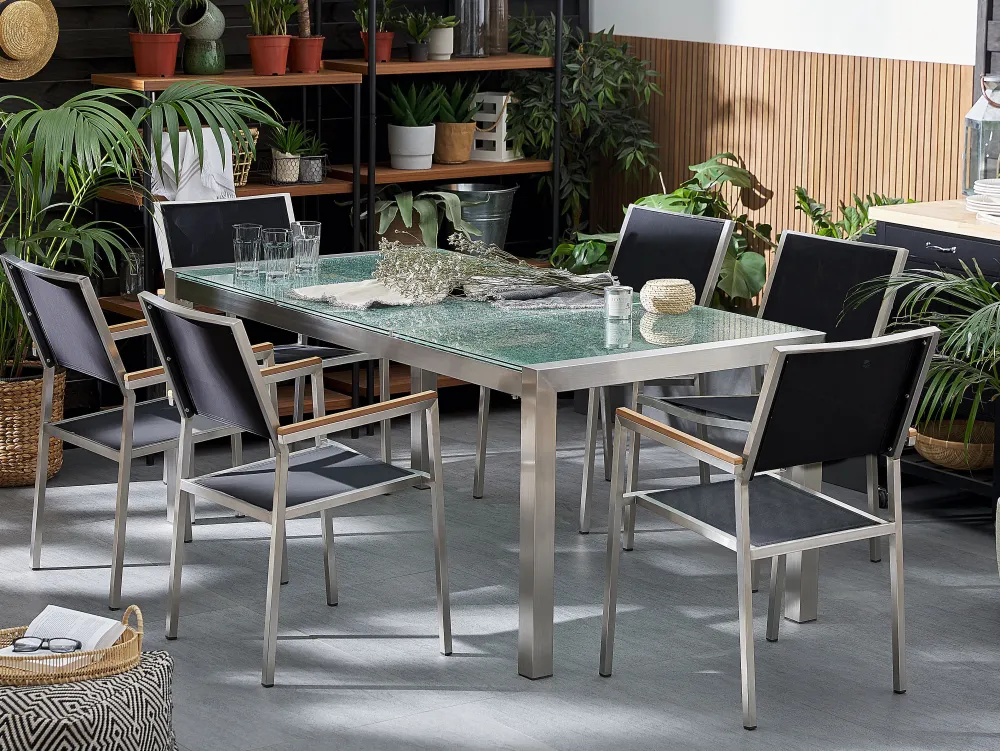 Cheap Beliani 6-Istuttava Ulkoruokailuryhma 3-Osainen Lasitaso Tekstiilituolit Musta Grosseto