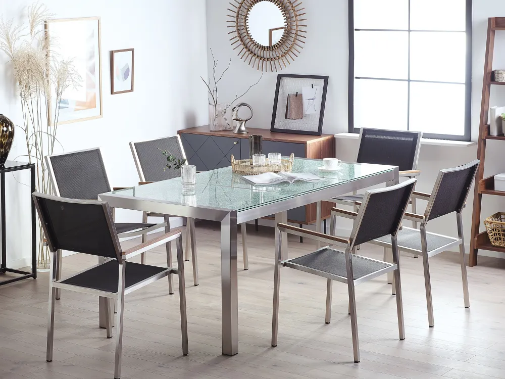 Cheap Beliani 6-Istuttava Ulkoruokailuryhma 3-Osainen Lasitaso Tekstiilituolit Musta Grosseto