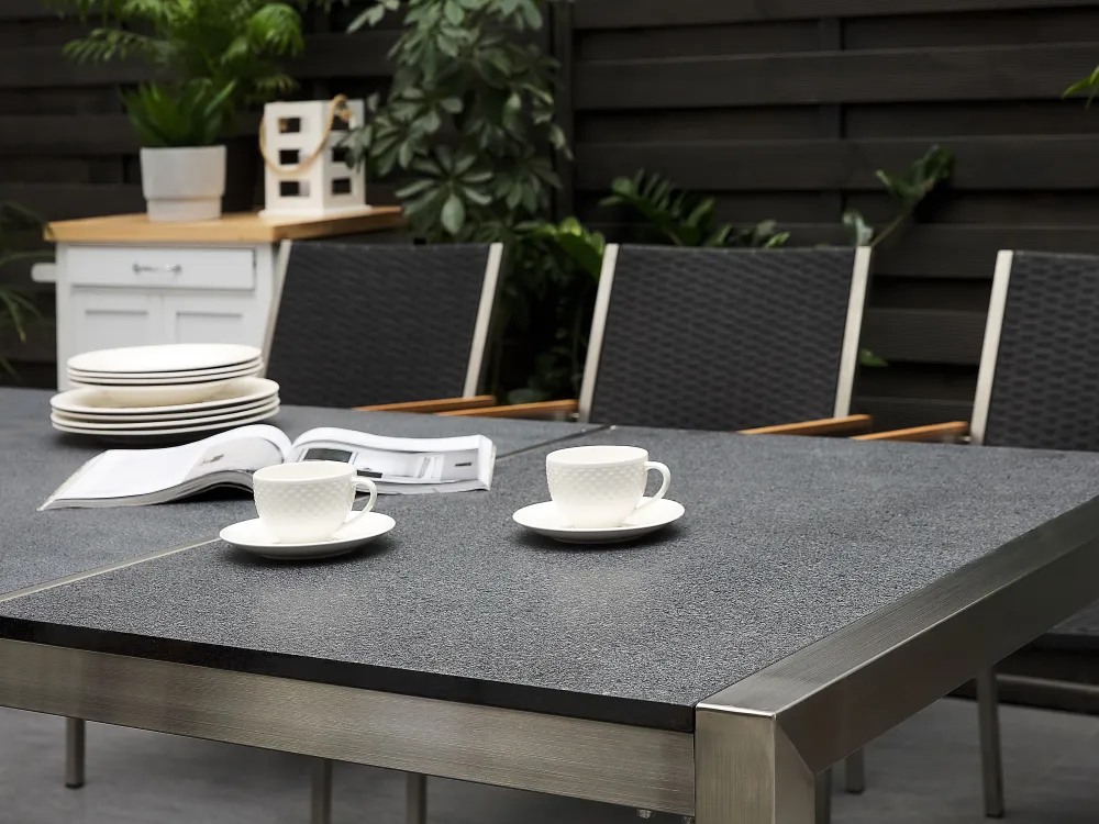 Ulkokalusteet<Beliani 8-Istuttava Ulkoruokailuryhma Poltettu Graniittitaso Ja Tekstiilituolit Musta Grosseto