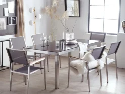 Hot Beliani 6-Istuttava Ulkoruokailuryhma Lasitaso Tekstiilituolit Musta/Harmaa Grosseto