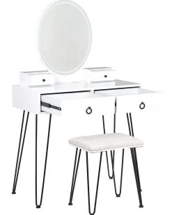 Online Beliani Kampauspoyta 4 Laatikkoa Led-Peili Usb-Portti Jakkara Valkoinen/Musta Soye