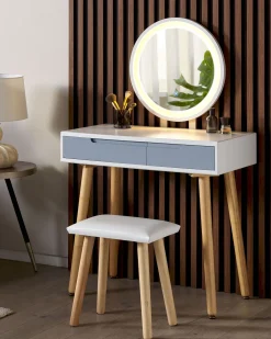 Säilytys<Beliani Kampauspoyta 2 Laatikkoa Led-Peili Jakkara Valkoinen/Harmaa Josselin