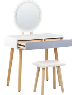 Säilytys<Beliani Kampauspoyta 2 Laatikkoa Led-Peili Jakkara Valkoinen/Harmaa Josselin