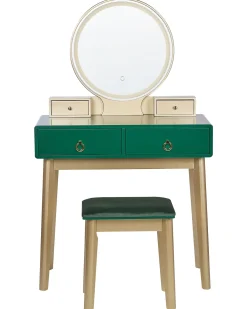 Säilytys<Beliani Kampauspoyta 4 Laatikkoa Led-Peili Jakkara Smaragdinvihrea/Kulta Fedry