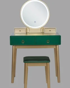 Säilytys<Beliani Kampauspoyta 4 Laatikkoa Led-Peili Jakkara Smaragdinvihrea/Kulta Fedry