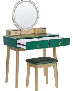 Säilytys<Beliani Kampauspoyta 4 Laatikkoa Led-Peili Jakkara Smaragdinvihrea/Kulta Fedry