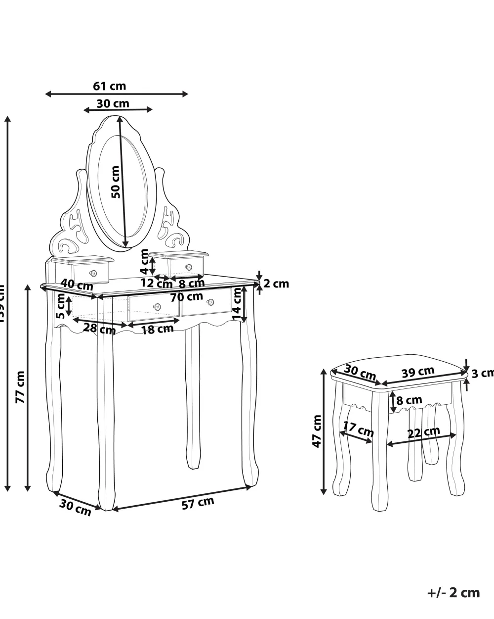 Säilytys<Beliani Kampauspoyta 4 Laatikkoa Peili Jakkara Valkoinen Amour