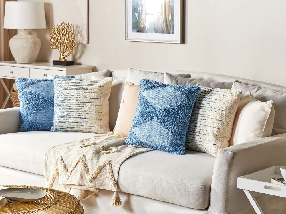 New Beliani Koristetyyny Puuvilla Beige/Sininen 45 X 45 Cm Rivina