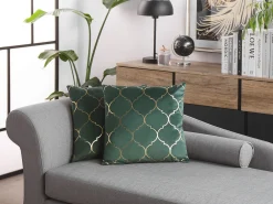 Tekstiilit<Beliani Koristetyynysetti Tummanvihrea Kiiltavalla Kuviolla 45X45Cm Alyssum