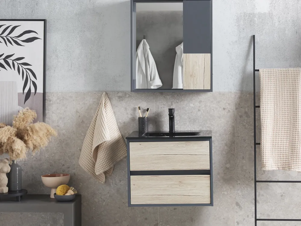 Store Beliani Kylpyhuoneen Kalusteet 3 Osaa Vaalea Puu/Harmaa 60 Cm Teruel