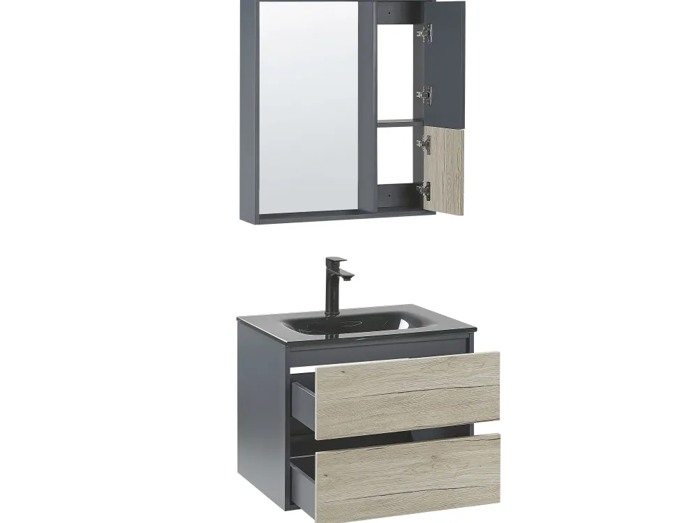 Store Beliani Kylpyhuoneen Kalusteet 3 Osaa Vaalea Puu/Harmaa 60 Cm Teruel