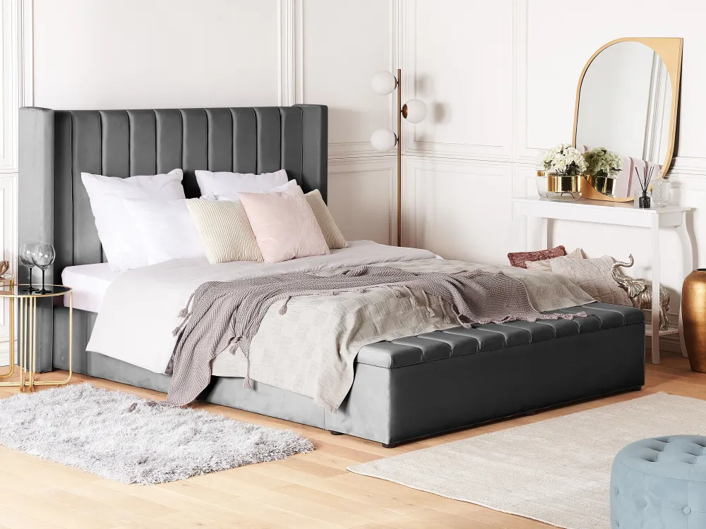 Sängyt<Beliani Parisanky Sametti Säilytystila Harmaa 180 X 200 Cm Noyers