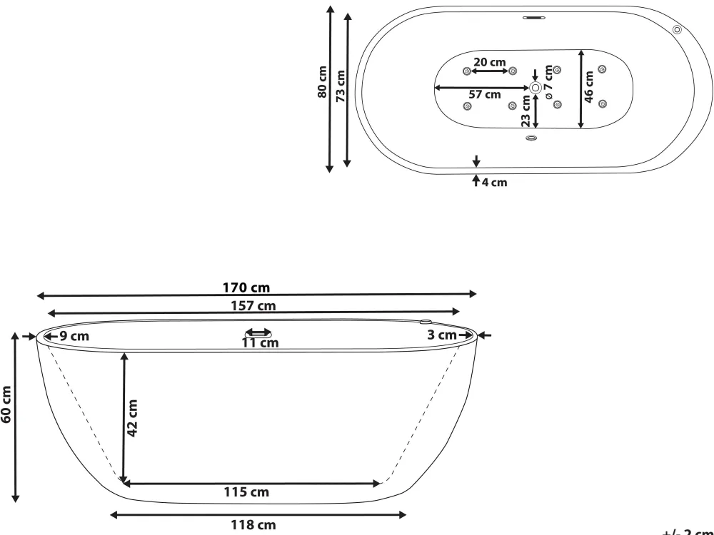 Kylpy- & Poreammeet<Beliani Poreamme Vapaasti Seisova Led-Valot Musta 170 X 80 Cm Nevis Iii