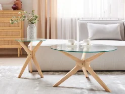 Cheap Beliani Poytasetti Lasitasolla Kumipuu Vaalea Puu 2 Kpl Valley