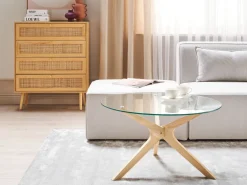 Cheap Beliani Poytasetti Lasitasolla Kumipuu Vaalea Puu 2 Kpl Valley