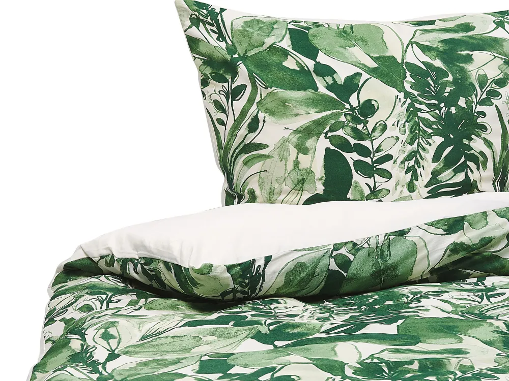 New Beliani Pussilakanasetti Puuvilla Valkoinen/Vihrea 155 X 220 Cm Greenwood