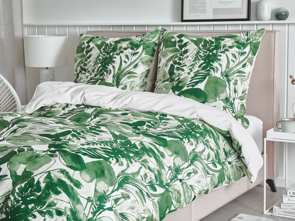 New Beliani Pussilakanasetti Puuvilla Valkoinen/Vihrea 155 X 220 Cm Greenwood