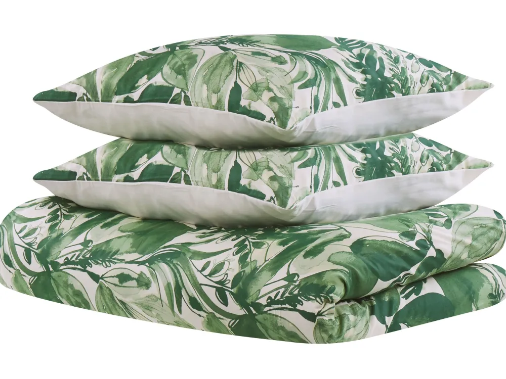 New Beliani Pussilakanasetti Puuvilla Valkoinen/Vihrea 155 X 220 Cm Greenwood